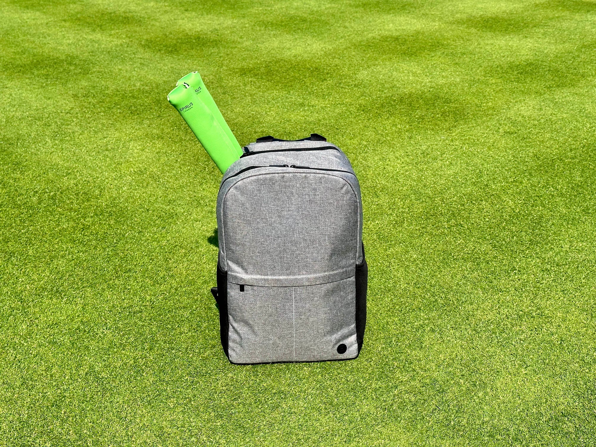 Grey Borderless Backpack v2 with neon green neoprene grip covers